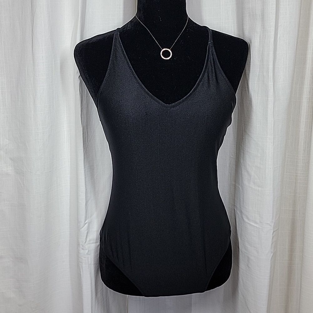Ekouer Black V-neck Strappy Crossback One-piece Swimsuit - Picture 4 of 16